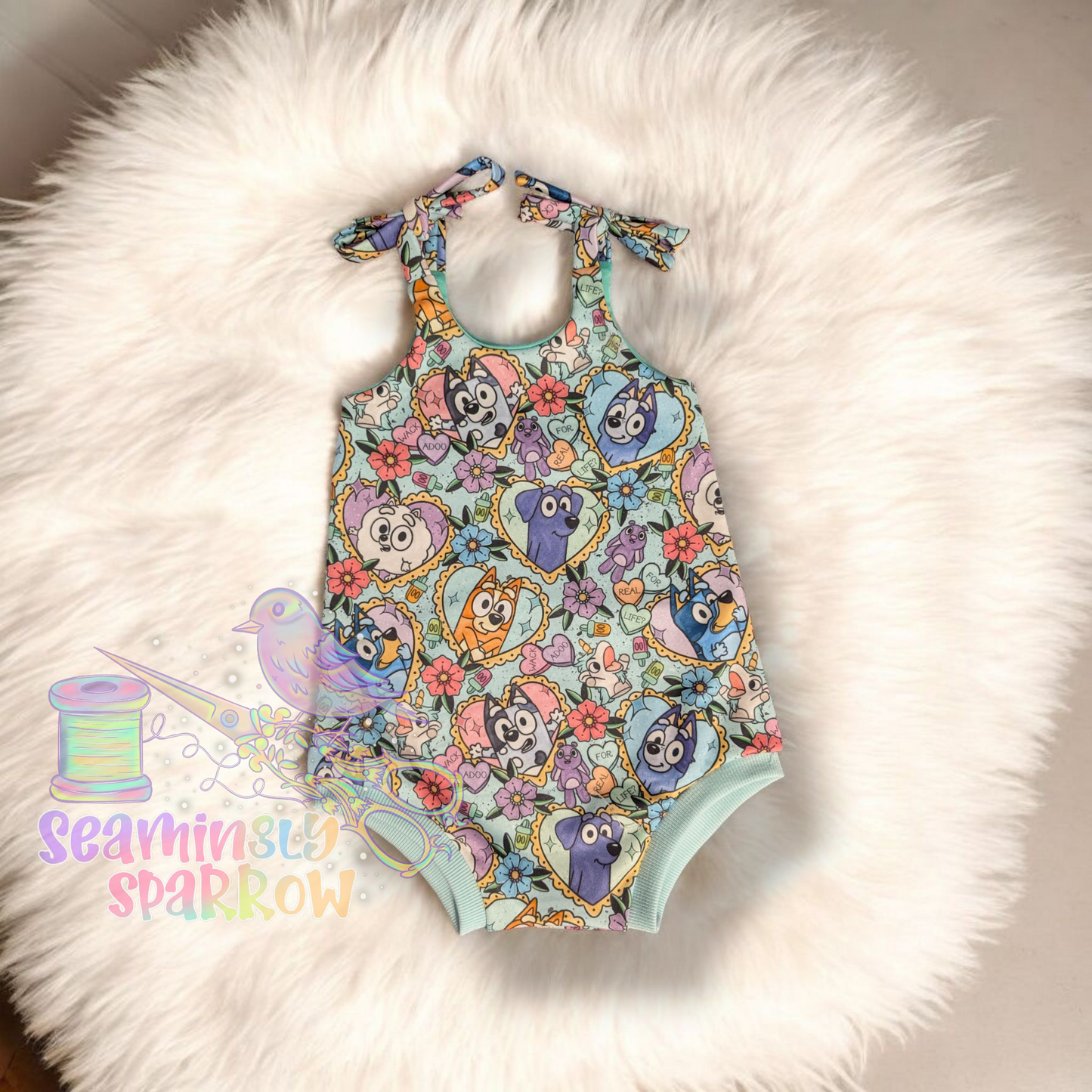 Camellia Bubble Romper - Blue Dog Tattoo Hearts