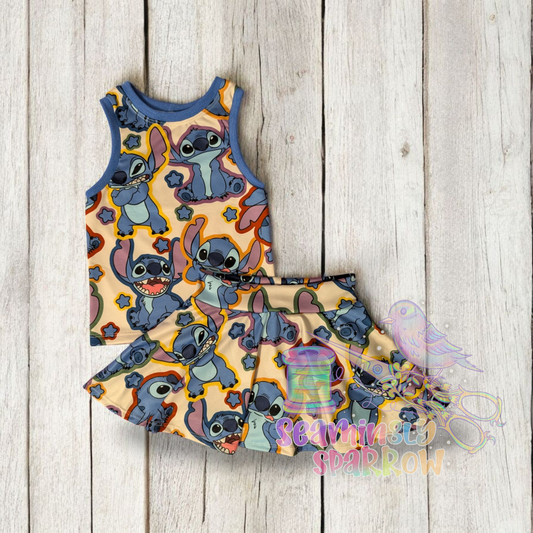 Racerback Tank + Circle Skirt w/ Bikers - Blue Alien Outline